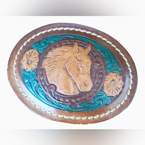 VTG Hand Tooled Leather Wrapper Horse Belt Buckle - Picture 3 of 5